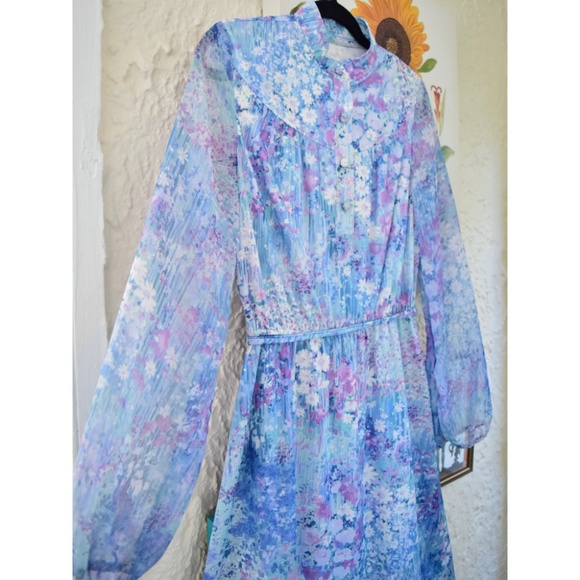 70s blue purple green impressionist floral spring dress (M) - Picture 6 of 7